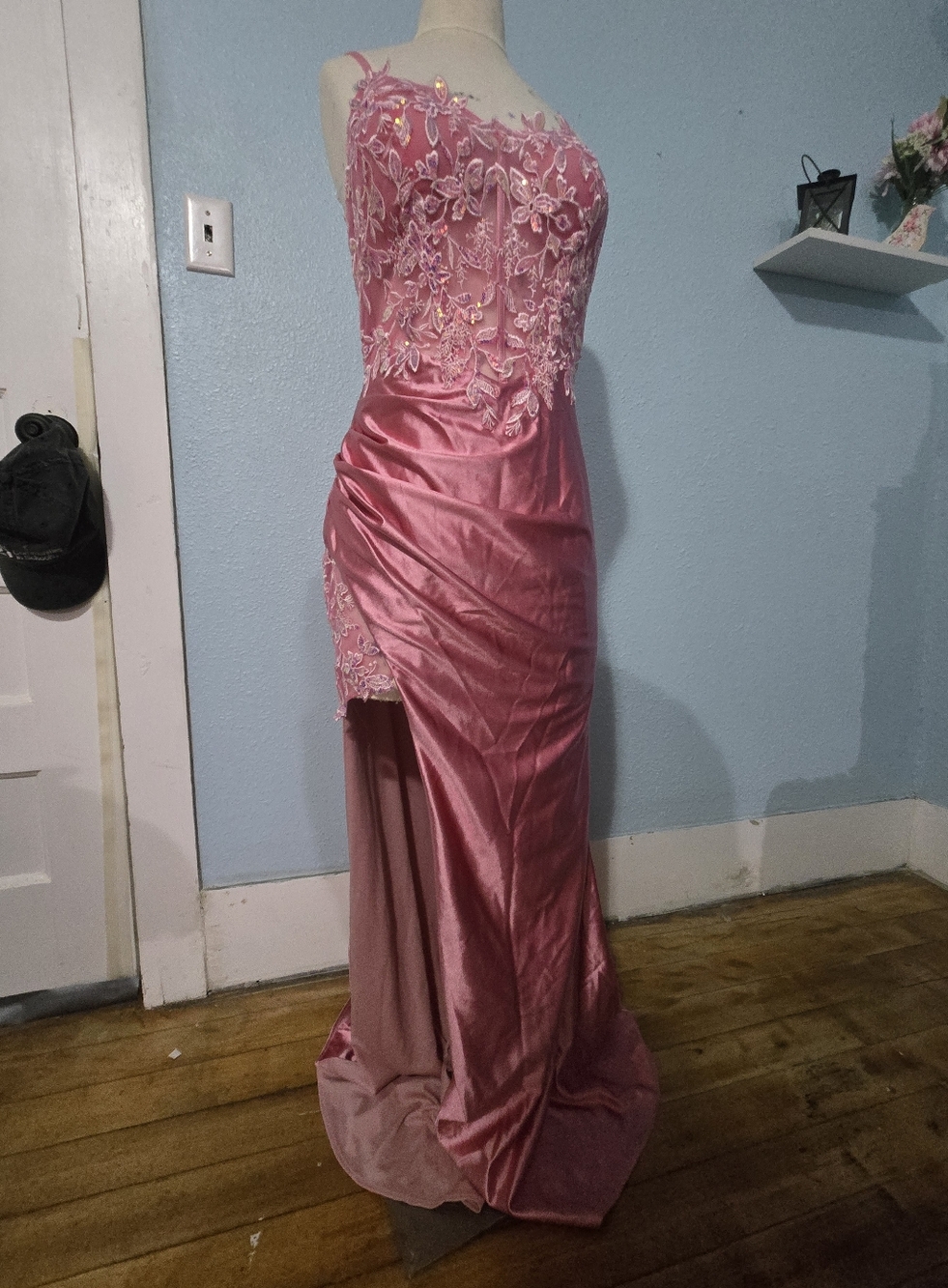 Pink Lace Appliqué Satin Evening Gown